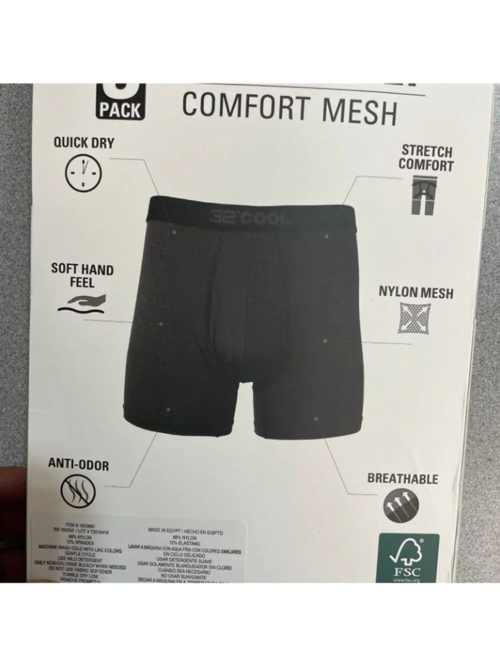 NWT 32 Degrees Cool Men's 3-Pack Boxer Briefs Comfort Mesh Large Black C1387